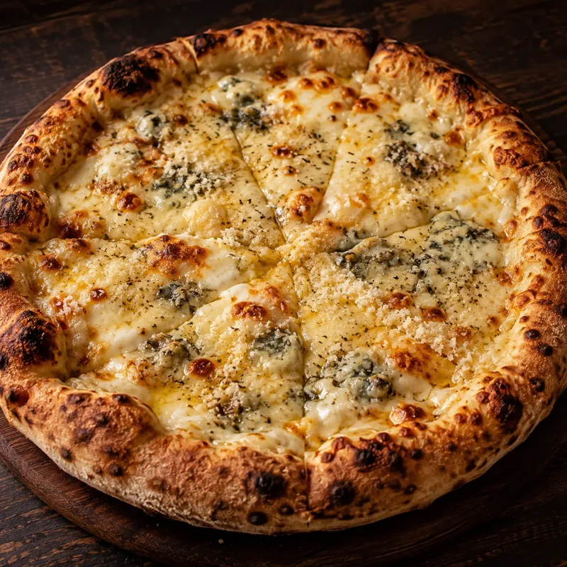 Pizza de quatro queijos ilustrativa, com queijo dourado e ervas